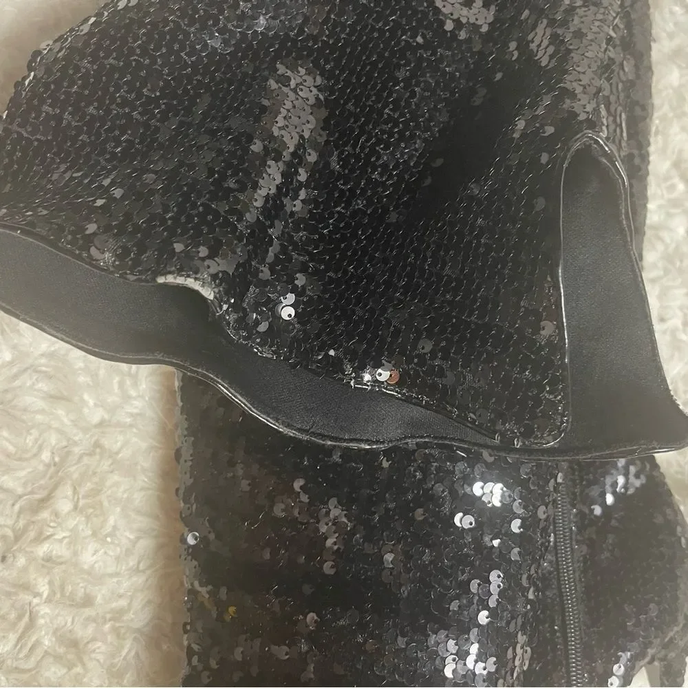 Yoki thigh high Black Sequins heels Boots side zipper SZ8